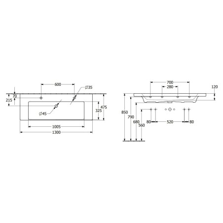 Villeroy & Boch Subway 3.0 - Double-lavabo 1300x475 mm, sans trop-plein, trous pour robinetterie, CeramicPlus, blanc alpin