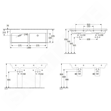 Villeroy & Boch Subway 3.0 - Double-lavabo 1300x470 mm, sans trop-plein, sans trou de robinetterie, CeramicPlus, blanc alpin