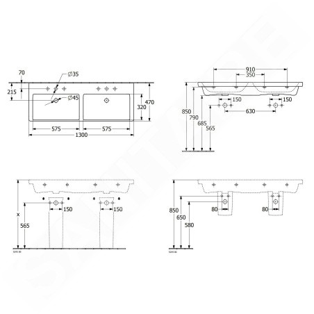 Villeroy & Boch Subway 3.0 - Double-lavabo 1300x470 mm, sans trop-plein, sans trou de robinetterie, CeramicPlus, blanc alpin
