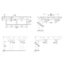 Villeroy & Boch Subway 3.0 - Double-lavabo 1300x470 mm, avec trop-plein, trous pour robinetterie, CeramicPlus, Stone White