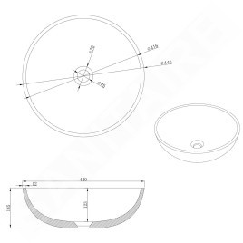 Sapho Lavabos - Vasque de lavabo Turf, diamètre 440 mm, sans trou pour mitigeur, granite noir AR436