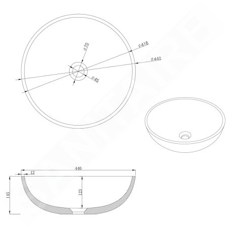 Sapho Lavabos - Vasque de lavabo Turf, diamètre 440 mm, sans trou pour mitigeur, granite noir AR436