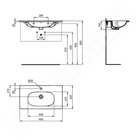 Ideal Standard Tesi - Meuble-lavabo 825x450 mm, avec trop-plein, trou pour robinetterie, noir T3509V3