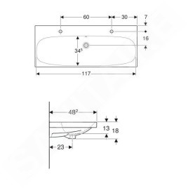Geberit Acanto - Double lavabo 1200x482 mm, trop-plein, 2 trous pour robinetterie, KeraTec, blanc 501.880.00.2