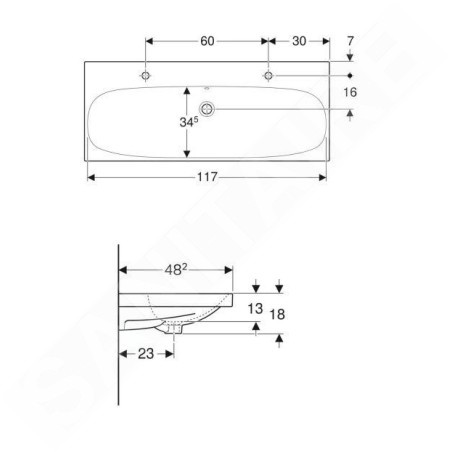 Geberit Acanto - Double lavabo 1200x482 mm, trop-plein, 2 trous pour robinetterie, KeraTec, blanc 501.880.00.2