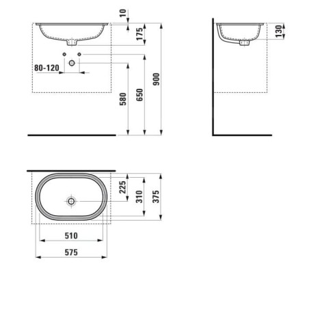 Laufen Savoy - Lavabo encastré 510x310 mm, avec trop-plein, sans trou pour robinetterie, blanc H8189450001551
