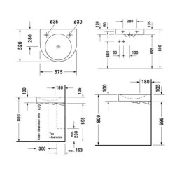 Duravit Architec - Lavabo PMR, 575x520 mm, sans trop-plein, trou pour robinetterie à gauche, WonderGliss, blanc 04435800091