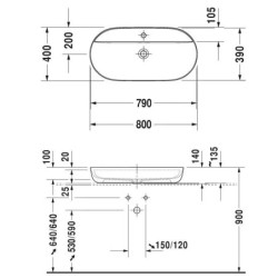 Duravit Luv - Vasque, 800x400 mm, sans trop-plein, avec trou pour robinetterie, WonderGliss, blanc / blanc satin mat 03808026001