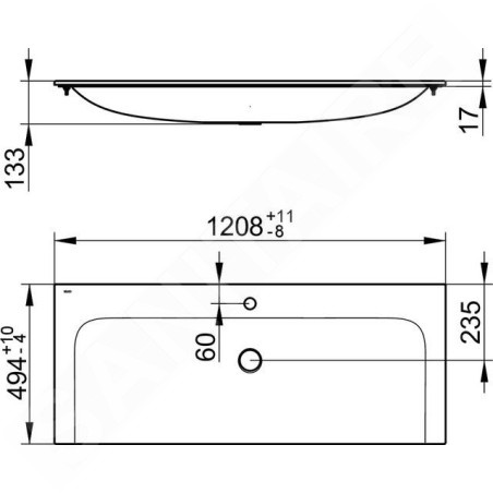 Keuco Plan - Lavabo 1208x494 mm, trop-plein caché, trou pour robinetterie, CleanPlus, blanc 32980311201