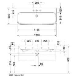 Duravit Happy D.2 - Lavabo 1200x505 mm, avec trop-plein, trou pour robinetterie, blanc 2318120000