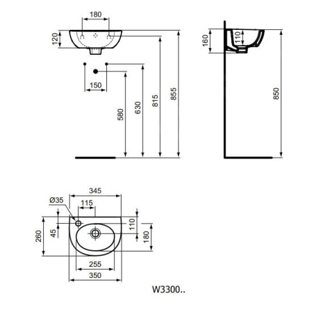 Ideal Standard Eurovit - Lave-mains 350x260 mm, avec trop-plein, trou pour robinetterie à gauche, blanc W330001