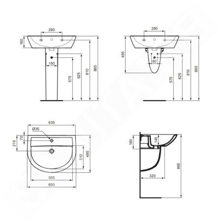 Ideal Standard Eurovit - Lavabo 650x495 mm, avec trop-plein, trou pour robinetterie, blanc W332201