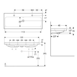 Geberit iCon - Double lavabo 1200x480x160 mm, avec trop-plein, 2 trous pour robinetterie, blanc 501.837.00.1