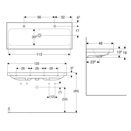 Geberit iCon - Double lavabo 1200x480x160 mm, avec trop-plein, 2 trous pour robinetterie, KeraTect, blanc 501.837.00.2