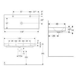 Geberit ONE - Double lavabo 1200x480x140 mm, sans trop-plein, 2 trous pour robinetterie, KeraTect, blanc 505.022.01.5