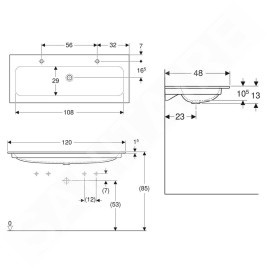 Geberit iCon - Meuble-lavabo double 1200x480x130 mm, sans trop-plein, 2 trous pour robinetterie, blanc 501.846.00.1