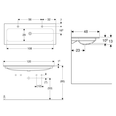 Geberit iCon - Meuble-lavabo double 1200x480x130 mm, sans trop-plein, 2 trous pour robinetterie, KeraTect, blanc 501.846.00.2