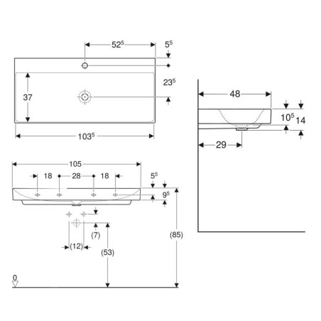 Geberit ONE - Lavabo 1050x480x140 mm, sans trop-plein, avec trou pour robinetterie, KeraTect, blanc 505.020.01.4