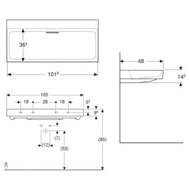 Geberit ONE - Lavabo 1050x480x142 mm, trop-plein caché, sans trou pour robinetterie, sortie horizontale, KeraTect, blanc