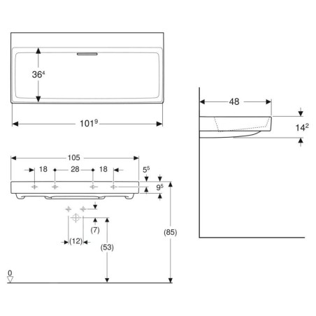 Geberit ONE - Lavabo 1050x480x142 mm, trop-plein caché, sans trou pour robinetterie, sortie horizontale, KeraTect, blanc
