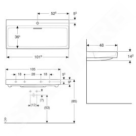Geberit ONE - Lavabo 1050x480x142 mm, trop-plein caché, avec trou pour robinetterie, sortie horizontale, KeraTect, blanc