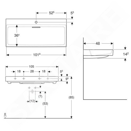 Geberit ONE - Lavabo 1050x480x142 mm, trop-plein caché, avec trou pour robinetterie, sortie horizontale, KeraTect, blanc