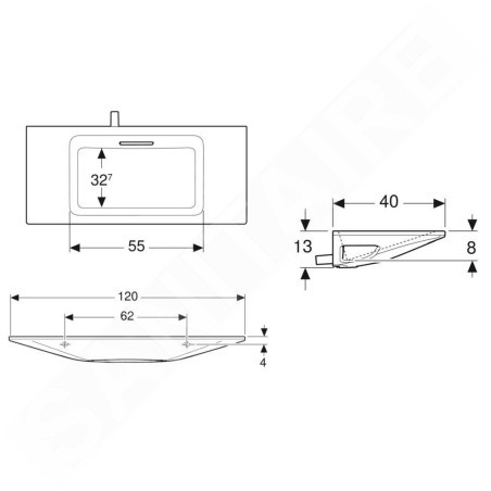 Geberit ONE - Lavabo 1200x400x130 mm, sans trop-plein, sans trou pour robinetterie, sortie horizontale, KeraTect, blanc