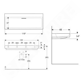 Geberit ONE - Lavabo 1200x480x142 mm, trop-plein caché, sans trou pour robinetterie, sortie horizontale, KeraTect, blanc