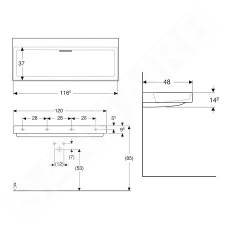 Geberit ONE - Lavabo 1200x480x142 mm, trop-plein caché, sans trou pour robinetterie, sortie horizontale, KeraTect, blanc