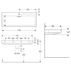 Geberit ONE - Lavabo 1200x480x142 mm, trop-plein caché, avec trou pour robinetterie, sortie horizontale, KeraTect, blanc