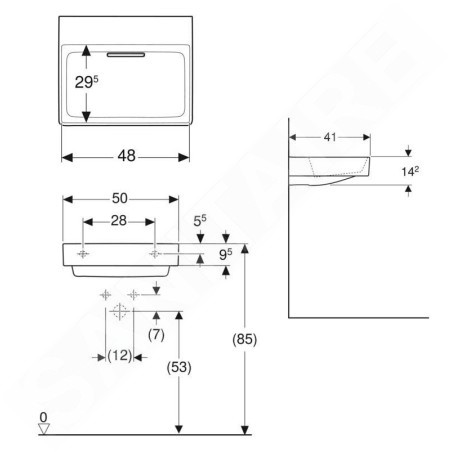 Geberit ONE - Lavabo 500x410x142 mm, trop-plein caché, sans trou pour robinetterie, sortie horizontale, KeraTect, blanc