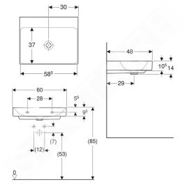 Geberit ONE - Lavabo 600x480x140 mm, sans trop-plein, sans trou pour robinetterie, KeraTect, blanc 505.021.01.1