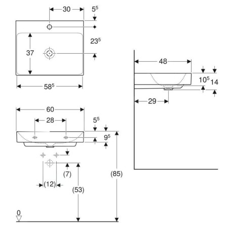 Geberit ONE - Lavabo 600x480x140 mm, sans trop-plein, avec trou pour robinetterie, KeraTect, blanc 505.020.01.1