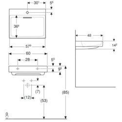 Geberit ONE - Lavabo 600x480x142 mm, trop-plein caché, avec trou pour robinetterie, sortie horizontale, KeraTect, blanc
