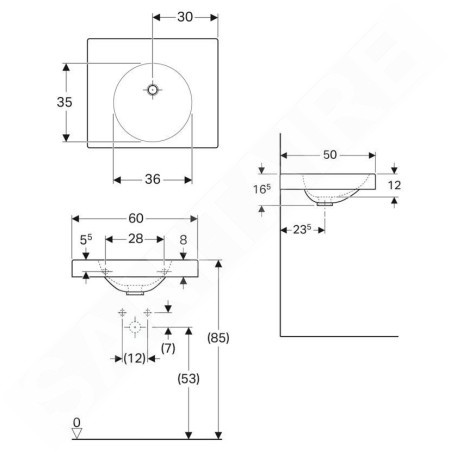 Geberit Preciosa II - Lavabo 600x500x165 mm, sans trop-plein, sans trou pour robinetterie, blanc 123261000