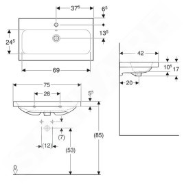 Geberit iCon - Lavabo 750x420x170 mm, avec trop-plein, avec trou pour robinetterie, blanc 501.842.00.1