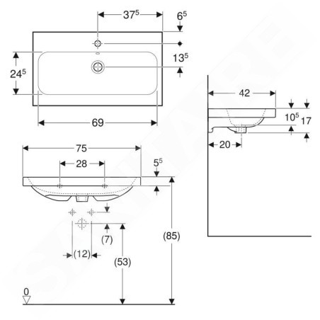 Geberit iCon - Lavabo 750x420x170 mm, avec trop-plein, avec trou pour robinetterie, blanc 501.842.00.1
