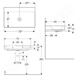 Geberit ONE - Lavabo 750x480x140 mm, sans trop-plein, sans trou pour robinetterie, KeraTect, blanc 505.021.01.2