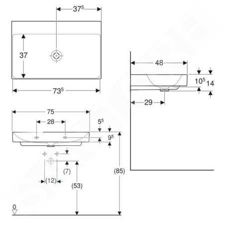 Geberit ONE - Lavabo 750x480x140 mm, sans trop-plein, sans trou pour robinetterie, KeraTect, blanc 505.021.01.2