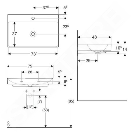 Geberit ONE - Lavabo 750x480x140 mm, sans trop-plein, avec trou pour robinetterie, KeraTect, blanc 505.020.01.2