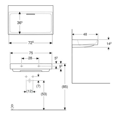 Geberit ONE - Lavabo 750x480x142 mm, trop-plein caché, sans trou pour robinetterie, sortie horizontale, KeraTect, blanc