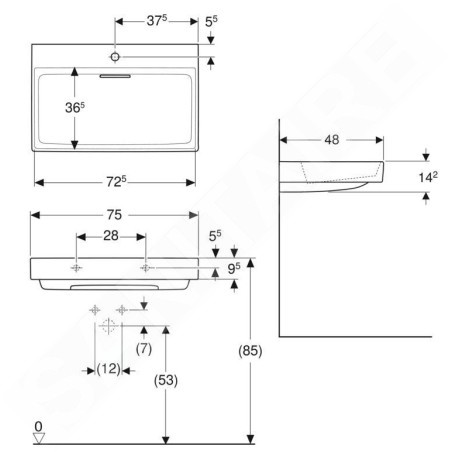 Geberit ONE - Lavabo 750x480x142 mm, trop-plein caché, avec trou pour robinetterie, sortie horizontale, KeraTect, blanc
