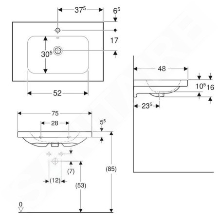 Geberit iCon - Lavabo 750x480x160 mm, avec trop-plein, avec trou pour robinetterie, KeraTect, blanc 501.839.00.2