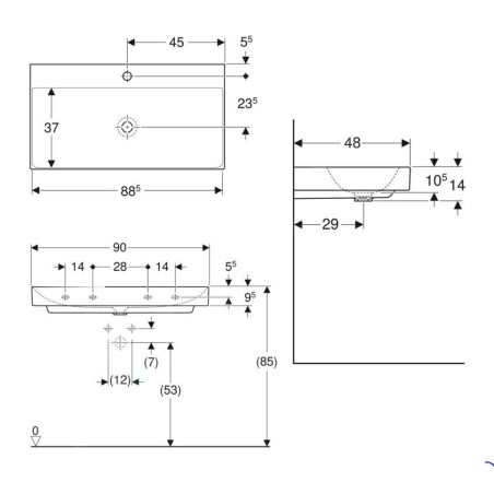 Geberit ONE - Lavabo 900x480x140 mm, sans trop-plein, avec trou pour robinetterie, KeraTect, blanc 505.020.01.3