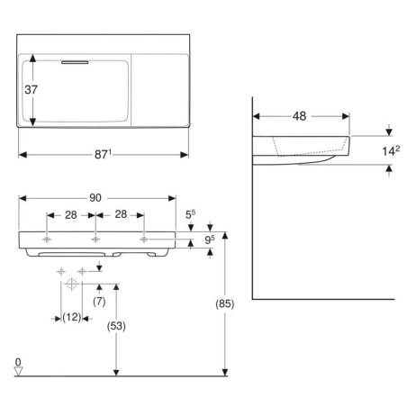 Geberit ONE - Lavabo 900x480x142 mm, trop-plein caché, sans trou pour robinetterie, sortie horizontale, KeraTect, blanc