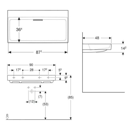 Geberit ONE - Lavabo 900x480x142 mm, trop-plein caché, sans trou pour robinetterie, sortie horizontale, KeraTect, blanc