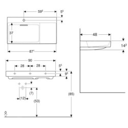 Geberit ONE - Lavabo 900x480x142 mm, trop-plein caché, avec trou pour robinetterie, sortie horizontale, KeraTect, blanc