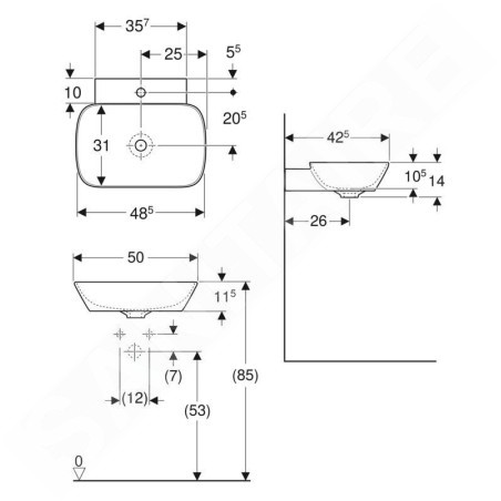 Geberit ONE - Lavabo à poser 500x425x140 mm, sans trop-plein, avec trou pour robinetterie, KeraTect, blanc 505.041.01.6