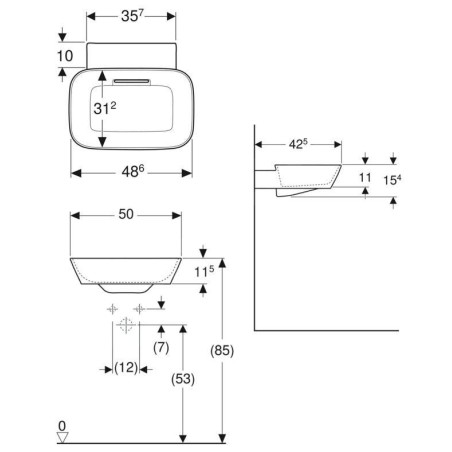 Geberit ONE - Lavabo à poser 500x425x154 mm, trop-plein caché, sans trou pour robinetterie, sortie horizontale, KeraTect, blanc