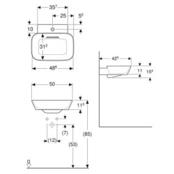 Geberit ONE - Lavabo à poser 500x425x154 mm, trop-plein caché, avec trou pour robinetterie, sortie horizontale, KeraTect, blanc